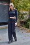 Black Cozy Knitwear Long Sleeve Cropped Crew Neck Fringed Blouse with Gathered Side Detail - 2