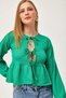 Green Cotton Stretchy Knitted Fabric Crew Neck Long Sleeve Blouse with Tie Detail - 5