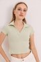 Green Knitted Camisole Fabric Polo Collar Short Sleeve Basic Fit Slim Fit Crop Blouse - 4
