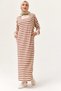 Burgundy Cotton Long Sleeve Half Zipper Detailed Striped Relaxed Fit Knitted Dress with Pockets