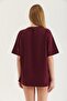 Burgundy Cotton Crew Neck Drop Shoulder Regular Fit Ribbon Print Detailed Basic T-Shirt - 2