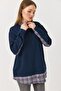 Navy Blue Cotton Woven Shirt Collar Long Sleeve Relaxed Fit Plaid Detailed Buttoned Tunic - 3