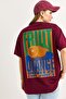 Burgundy Stretchy Textured Crew Neck Drop Shoulder Oversize Front and Back Printed T-Shirt - 5