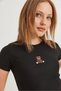 Black Cotton Stretch Fabric Crew Neck Short Sleeve Crop Form Knitted Blouse with Teddy Bear Embroidery - 4