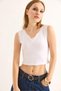 White Cotton Stretch Fabric V-Neck Cropped Form-Fitting Laced Gathered Sleeveless Blouse - 4