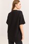 Black Two-Strand Stretch Fabric Crew Neck Drop Shoulder Oversize Teddy Bear Embroidered T-Shirt - 5