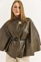 Khaki Velvet Faux Leather Judge Collar Wide Cut Single Button Detailed Cape Jacket - 3