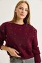 Burgundy Three-Thread Fabric Crew Neck Low Shoulder Stone Embroidered Ribbed Detailed Sweatshirt - 2