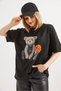 Black Cotton Crew Neck Short Sleeve Teddy Bear Printed Relaxed Fit Knitted T-Shirt - 2