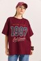 Burgundy Two Yarn Fabric Crew Neck Oversize Drop Shoulder Nineteen Ninety Seven Printed T-Shirt