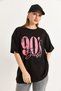 Black Stretchy Textured Crew Neck Short Sleeve Oversize Drop Shoulder Front Printed Knitted T-Shirt - 3