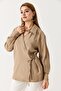 Mink Textured Fabric Shirt Collar Long Sleeve Cuffed Side Tie Double Breasted Tunic - 2