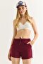 Burgundy Stretchy Textured High Waist Elastic Lace-Up Adjustable Comfortable Form Fit Shorts - 2