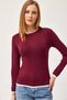 Burgundy Viscose Blended Stretch Fabric Crew Neck Long Sleeve Blouse with Garnished Detail - 5