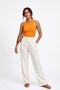 Orange Stretchy Ribbed Textured Crew Neck Sleeveless Bodysuit Blouse with Snap Buttons at the Bottom