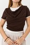 Brown Stretchy Textured Degaje Collar Two-Tone Short Sleeve Draped Form T-Shirt - 3