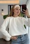White Cotton Blend Fabric Crew Neck Long Sleeve Relaxed Fit Crop Sweatshirt - 2