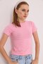 Pink Cotton Lycra Stretch Fabric Crew Neck Short Sleeve Compact Striped T-Shirt - 2