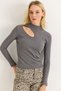 Gray Corded Stretch Fabric Half Turtleneck Long Sleeve Knitted Blouse with Chest Window Detail - 4