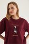 Burgundy Cotton Crew Neck Drop Shoulder Oversize Marine Look Printed Short Sleeve T-Shirt - 4