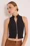 Black Cotton Ribbed Stretch Knit Fabric High Neck Sleeveless Zipper Detailed Slim Fit Blouse - 4
