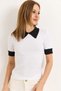 White Camisole Fabric Shirt Collar Short Sleeve Contrast Color Detailed Comfortable Fit Knitted Blouse - 4