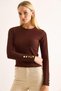 Brown Corded Stretchy Textured Crew Neck Long Sleeve Blouse with Button Detail at Ankle - 3