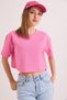 Pink Cotton Two Yarn Fabric Crew Neck Short Sleeve Relaxed Fit Crop Blouse - 4