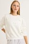 White Three-Thread Embroidered Fabric Crew Neck Sweatshirt with Ribbed Detail and Ribbon Decoration