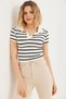 Black Cotton Lycra Stretch Fabric Polo Collar Short Sleeve Cropped Form Striped Knitted Blouse - 3