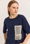 Navy Blue Soft Textured Crew Neck Fit Form Straw Pocket Short Sleeve Knitted T-Shirt - 4