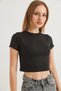Black Cotton Stretchy Textured Crew Neck Short Sleeve Slim Fit Crop Blouse - 2