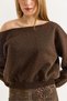Brown Three-Thread Ribbed Flexible Boat Neck Sweatshirt with Stone Detail - 2