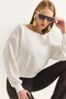 White Three-Thread Ribbed Boat Neck Low Shoulder Spreader Stone Detailed Comfortable Fit Sweatshirt - 5