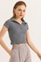 Smoked Camisole Knitted Fabric Polo Collar Short Sleeve Basic Ribbed Crop Blouse - 4