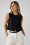 Black Stretch Fabric Crew Neck Lined Crop Vest with Gold Button Detail and Double-Breasted Look