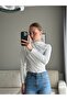 White Polyester Fabric Turtleneck Basic Form-Fitting Blouse with Draped Front and Long Sleeves, Flexible Texture - 3