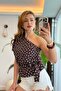 Brown Woven Fabric One-Shoulder Short-Sleeved Standard Cut Waist-Tied Polka Dot Blouse - 2