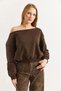 Brown Three-Thread Ribbed Flexible Boat Neck Sweatshirt with Stone Detail