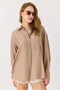 Brown Muslin Fabric Off-Shoulder Oversize Relaxed Fit Basic Buttoned Long Sleeve Shirt - 2