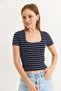 Navy Blue Cotton Flexible Textured Square Neck Short Sleeve Striped Patterned Knitted Blouse - 3