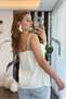 White Satin Viscose Textured Flounce Collar Adjustable Drawstring Strap Lace Detailed Blouse - 3