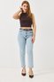 Light Blue Cotton Woven High Waist Mom Fit Jeans with Belt and Five Pockets Relaxed Fit - 4