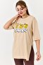 Cream Crew Neck Short Sleeve T-Shirt with Side Slits and Garfield Printed Character