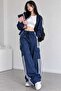 Y2K Navy Blue 3-Line Detailed Baggy Parachute Pants - 3