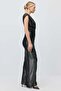 Women's Metallic Shimmering Front Gathered V-Neck Sleeveless Long Stylish Dress - 3
