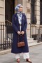 Long Quilted Coat with Chain Detail on the Collar - Navy Blue - 5