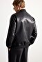 Waterproof Slim Fit College Collar Ribbed Zippered Faux Leather Bomber Coat Y5367Az22Au - 5