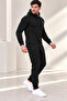 Men's Hooded Relaxed Fit Cotton Fleece-Lined Tracksuit, Black - 2