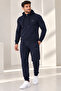 Men's Hooded Relaxed Fit Cotton Fleece-Lined Tracksuit Set, Navy - 4